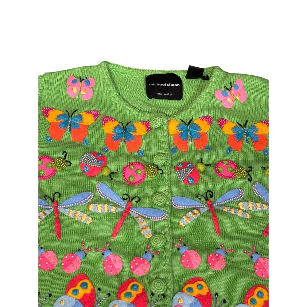 Michael Simon Butterfly Ladybug Dragonfly Beaded Knit Cardigan Sweater Whimsical - Picture 5 of 10